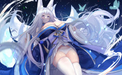 Rule 34 | 1girl, animal ear fluff, animal ears, azur lane, bare shoulders, blue collar, blue eyes, blue kimono, blush, breasts, cleavage, closed mouth, collar, fox ears, fox girl, highres, japanese clothes, kimono, kitsune, large breasts, long hair, looking at viewer, multiple tails, off shoulder, panties, sash, shinano (azur lane), smile, tail, thighhighs, thighs, underwear, untue, very long hair, white hair, white panties, white tail, white thighhighs, wide sleeves