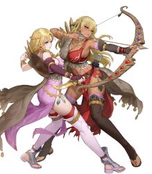 Rule 34 | 2girls, aiming, ass, attack, blonde hair, blue eyes, bow (weapon), breasts, brown thighhighs, cleavage, dark-skinned female, dark skin, drawing bow, earrings, ekao, fire emblem, fire emblem: the binding blade, fire emblem: the blazing blade, fire emblem heroes, hair ornament, highres, holding, holding bow (weapon), holding weapon, igrene (fire emblem), igrene (sworn protector) (fire emblem), jewelry, large breasts, lipstick, long hair, looking at viewer, louise (fire emblem), louise (sworn protector) (fire emblem), makeup, medium breasts, multiple girls, navel, necklace, nintendo, non-web source, official alternate costume, official art, pelvic curtain, red lips, red thighhighs, tassel, tassel hair ornament, thighhighs, toeless footwear, toeless legwear, weapon, yellow eyes