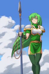 Rule 34 | 1girl, armor, blush, breasts, dress, elbow gloves, erinys (fire emblem), fire emblem, fire emblem: genealogy of the holy war, gloves, green eyes, green hair, green thighhighs, ibushi (oath), long hair, matching hair/eyes, medium breasts, nintendo, polearm, smile, solo, spear, thighhighs, weapon