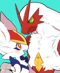 Rule 34 | 1boy, 1girl, alternate eye color, animal ears, animal nose, arm around shoulder, artist name, beak, bird boy, blaziken, blue background, blue fur, blush, body fur, rabbit ears, cinderace, claws, closed mouth, collarbone, colored sclera, creatures (company), eye contact, flat chest, from side, furry, gacho (220 vvv), game freak, gen 3 pokemon, gen 8 pokemon, green eyes, happy, long hair, looking at another, looking down, looking up, nintendo, open mouth, pectorals, pokemon, pokemon (creature), profile, rabbit girl, red eyes, red fur, red hair, short hair, signature, simple background, smile, standing, teeth, toned, toned male, upper body, white fur, white hair, yellow fur, yellow sclera