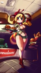 Rule 34 | 1girl, arthropod girl, artist name, bee girl, black eyes, blonde hair, blush, breasts, burger, cleavage, collarbone, collared shirt, curvy, fast food, food, hat, headset, highres, indoors, insect girl, jollibee, large breasts, long hair, long sleeves, namenloose, navel, open clothes, original, shirt, short shorts, shorts, smile, solo, stomach, tagme, twintails, unbuttoned, unbuttoned shirt