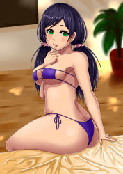 Rule 34 | 10s, 1girl, absurdres, ass, bare shoulders, bed, bikini, blush, breasts, cleavage, green eyes, highres, large breasts, long hair, looking at viewer, love live!, love live! school idol project, low twintails, purple bikini, purple hair, scrunchie, shiny skin, smile, solo, swimsuit, tojo nozomi, twintails, yulia