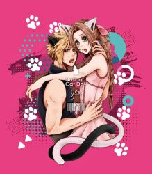 Rule 34 | 1boy, 1girl, aerith gainsborough, animal ears, bare arms, blonde hair, blue eyes, blue shirt, braid, brown hair, cat ears, cat tail, cloud strife, couple, dress, fang, final fantasy, final fantasy vii, final fantasy vii remake, green eyes, hair ribbon, hands on another&#039;s waist, hetero, highres, jacket, unworn jacket, kemonomimi mode, long dress, open mouth, parted bangs, pink background, pink dress, pink ribbon, ribbon, shirt, sleeveless, sleeveless turtleneck, spiked hair, square enix, tail, teeth, turtleneck, upper body, upper teeth only, wavy hair, yco 030601
