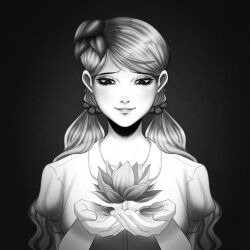 Rule 34 | 1girl, black background, don&#039;t starve, flower, greyscale, highres, holding, holding flower, light smile, looking at object, monochrome, ponytail, wendy (don&#039;t starve), zev
