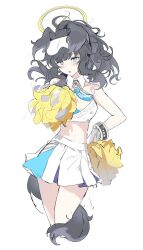 Rule 34 | 1girl, animal ears, black hair, blue archive, blue eyes, blush, breasts, cheerleader, cowboy shot, cropped legs, dog ears, dog tail, facial mark, halo, hibiki (blue archive), hibiki (cheer squad) (blue archive), highres, holding, holding pom poms, iwatnc, long hair, medium breasts, millennium cheerleader outfit (blue archive), navel, official alternate costume, open mouth, pleated skirt, pom pom (cheerleading), pom poms, simple background, skirt, solo, star (symbol), tail, white background, white skirt, yellow halo