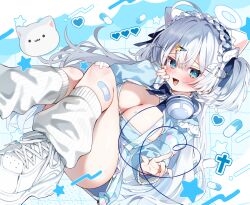 Rule 34 | 1girl, animal ears, bandaid, bandaid on leg, blue bow, blue eyes, blue shirt, blush, bow, breasts, cat ears, cat girl, cat tail, chihiro (khorosho), cleavage, hair ornament, hairband, hairclip, halo, headphones, headphones around neck, large breasts, long hair, long sleeves, looking at viewer, loose socks, open mouth, original, shirt, smile, socks, solo, tail, white footwear, white hair