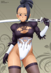 Rule 34 | 1girl, absurdres, black eyes, black gloves, black hair, black shirt, black thighhighs, blush, breasts, cleavage, cleavage cutout, clothing cutout, collarbone, cosplay, crossover, dragon ball, dragon ball super, earrings, gloves, grey background, highleg, highleg leotard, highres, holding, jewelry, kale (dragon ball), katana, large breasts, leotard, long hair, long sleeves, looking at viewer, nier (series), nier:automata, over shoulder, ponytail, puffy sleeves, shirt, short hair, square enix, standing, sword, sword over shoulder, thighhighs, weapon, weapon over shoulder, white leotard, 2b (nier:automata), 2b (nier:automata) (cosplay), zel-sama