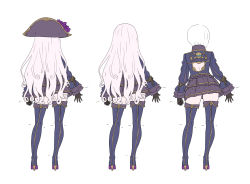 Rule 34 | 1girl, back cutout, black gloves, blue jacket, blue thighhighs, brown skirt, clothing cutout, contrapposto, enkyo yuuichirou, facing away, from side, gloves, hat, heart cutout, jacket, long hair, long sleeves, multiple views, original, pleated skirt, simple background, skirt, smile, standing, thighhighs, thighs, tricorne, very long hair, white background, white hair, zettai ryouiki