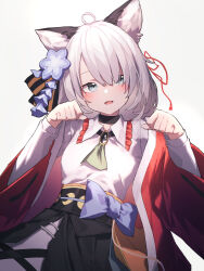 Rule 34 | 1girl, absurdres, animal ears, arknights, beudelb, black choker, black skirt, blue bow, blue eyes, blush, bow, cat ears, choker, cowlick, dress, fang, grey hair, hair between eyes, hair ornament, hair ribbon, highres, japanese clothes, kimono, long hair, long sleeves, looking at viewer, mint (arknights), mint (tsukiyoi) (arknights), open mouth, paw pose, red kimono, ribbon, simple background, skin fang, skirt, smile, solo, waist bow, white background, white dress