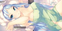 Rule 34 | 10s, 1girl, amami mikihiro, arms up, blue eyes, blue hair, breasts, character name, cleavage, english text, engrish text, green towel, groin, highres, kirsti vermillion, kuusen madoushi kouhosei no kyoukan, large breasts, long hair, looking at viewer, matching hair/eyes, naked towel, novel illustration, official art, ranguage, shiny skin, solo, towel, towel on head