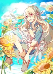 Rule 34 | 1girl, :o, blonde hair, blue dress, boots, brown footwear, day, dress, flower, full body, hair ribbon, highres, holding, holding pencil, ivy (artist), kagerou project, kozakura marry, long hair, looking at viewer, notepad, outdoors, pencil, red eyes, ribbon, sunflower