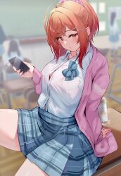 Rule 34 | 1girl, absurdres, ahoge, alternate costume, blue skirt, breasts, cellphone, collared shirt, commentary request, desk, hair ornament, hairpin, highres, holding, holding phone, hololive, hololive dev is, ichijou ririka, inuinuo gataken, jacket, large breasts, long hair, looking at viewer, on desk, orange eyes, orange hair, phone, pink jacket, school desk, school uniform, shirt, sitting, skirt, smartphone, virtual youtuber, white shirt