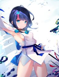 Rule 34 | 1girl, artist request, bare shoulders, black hair, blue eyes, blue ribbon, blush, breasts, closed mouth, dress, fate/grand order, fate/requiem, fate (series), fundoshi, highres, japanese clothes, jewelry, long sleeves, looking at viewer, magatama, magatama hair ornament, medium breasts, medium hair, multicolored hair, necklace, pelvic curtain, pink hair, polearm, puffy long sleeves, puffy sleeves, ribbon, seigaiha, short dress, sideboob, sideless outfit, smile, spear, streaked hair, thighs, two-sided fabric, utsumi erice, water, weapon, white background, white dress