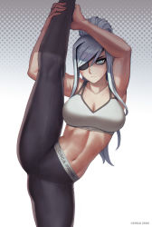 Rule 34 | 1girl, artist name, bare shoulders, breasts, cleavage, commentary, cowboy shot, english commentary, eyepatch, genkai zero, hair between eyes, large breasts, leg up, looking at viewer, midriff, navel, original, pants, ponytail, simple background, sleeveless, solo, split, sports bra, standing, standing on one leg, standing split, valestina (genkai zero), watermark, white background, white hair, yoga pants
