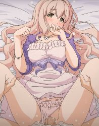Rule 34 | 1girl, bed, blonde hair, blush, bracelet, brown eyes, censored, clothed sex, clothing aside, commentary request, covering own mouth, hand over own mouth, hetero, idolmaster, idolmaster cinderella girls, jewelry, long hair, looking at viewer, lying, missionary, mosaic censoring, necklace, oekaki, on back, panties, panties aside, penis, pov, saionji kotoka, sex, solo focus, sweat, tomu (tomubobu), underwear, vaginal