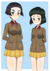 Rule 34 | 2girls, arms behind back, artist name, black eyes, black hair, blue background, blunt bangs, blunt ends, blush, bob cut, brown jacket, bukkuri, chi-hatan military uniform, closed mouth, commentary request, commission, dated, frown, girls und panzer, jacket, long sleeves, looking at viewer, military, military uniform, miniskirt, multiple girls, nishihara yasoko, partial commentary, pixiv commission, pleated skirt, short hair, signature, simple background, skirt, smile, standing, uenishi chiyoko, uniform, yellow skirt