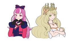 Rule 34 | 2girls, black gloves, blonde hair, bow, breasts, celine (fire emblem), cleavage, commentary request, crossed arms, crown, dress, facial mark, fire emblem, fire emblem engage, gloves, green eyes, hahm0106, hair bow, hands up, heart, heart hands, hortensia (fire emblem), jacket, korean commentary, long hair, looking at viewer, multiple girls, nintendo, official alternate costume, pink eyes, pink hair, pink jacket, polka dot, polka dot bow, short sleeves, simple background, small breasts, smile, upper body, very long hair, white background, white dress