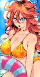 Rule 34 | 1girl, android 21, bare shoulders, bikini, blue eyes, blue sky, blush, breasts, brown hair, cleavage, cloud, collarbone, dragon ball, dragon ball fighterz, female focus, fruit pattern, hair between eyes, kinakomochi (user vedc2333), large breasts, long hair, looking at viewer, ocean, open mouth, outdoors, signature, sky, solo, sunlight, sweatdrop, swimsuit, teeth, tongue, upper teeth only, very long hair, water, yellow bikini