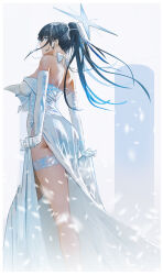 Rule 34 | 1girl, absurdres, ass, blue archive, blue halo, choker, dress, elbow gloves, from behind, ganet p, garter straps, gloves, halo, highres, official alternate costume, saori (blue archive), saori (dress) (blue archive), solo, strapless, strapless dress, white choker, white dress, white garter straps, white gloves