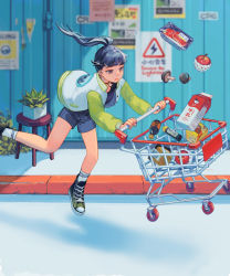 Rule 34 | 1girl, apple, black choker, blue footwear, blue hair, carton, choker, clea (geee13), closed mouth, commentary, converse, day, denim, denim shorts, english commentary, food, foot out of frame, fruit, green footwear, green sleeves, grip, jewelry, long sleeves, looking away, meat, medium hair, milk carton, mushroom, original, outdoors, pendant, plant, ponytail, purple eyes, raglan sleeves, shirt, shoes, shopping cart, shorts, sign, sneakers, socks, solo, stool, sunlight, translation request, warning sign, white shirt, white socks