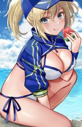 Rule 34 | 1girl, artoria pendragon (fate), baseball cap, bikini, blonde hair, blue eyes, blue hat, blue jacket, breasts, cleavage, cloud, cloudy sky, commentary request, cropped jacket, day, fate/grand order, fate (series), food, fruit, hair between eyes, hair through headwear, hat, highres, holding, holding food, jacket, large breasts, mysterious heroine x (fate), mysterious heroine xx (fate), ocean, on ground, ponytail, seiru (prairie), shrug (clothing), side-tie bikini bottom, sky, solo, swimsuit, watermelon, white bikini, wristband, zipper pull tab