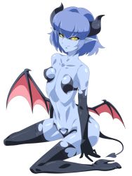Rule 34 | 1girl, asymmetrical wings, bad id, bad pixiv id, black gloves, black sclera, black thighhighs, blue hair, blue skin, boots, breasts, colored sclera, colored skin, covered erect nipples, demon girl, demon tail, demon wings, elbow gloves, full body, gloves, high heels, highres, horns, looking at viewer, low wings, mimizu (tokagex), navel, original, pointy ears, short hair, small breasts, smile, solo, tail, thigh boots, thighhighs, white background, wings, yellow eyes