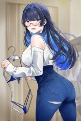 Rule 34 | 1girl, absurdres, ass, bare shoulders, bikini, blue bikini, blue eyes, blue hair, blush, clothes hanger, denim, detached sleeves, glasses, high-waist pants, highres, holding, holding clothes hanger, hololive, hololive english, jeans, light blue hair, looking at viewer, multicolored hair, nuebunny, open mouth, ouro kronii, pants, pantylines, solo, string bikini, sweater, swimsuit, torn clothes, torn jeans, torn pants, turtleneck, turtleneck sweater, two-tone hair, virtual youtuber, white sweater