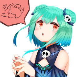 Rule 34 | 1girl, animal print, bare shoulders, blue dress, blue hair, blush, butterfly print, commentary request, detached sleeves, double bun, dress, flat chest, frilled dress, frills, gradient hair, green hair, hair bun, hair ornament, highres, hololive, kurodani yamame, looking at viewer, medium hair, multicolored hair, open mouth, pink nails, red eyes, rinyamame, sidelocks, simple background, skull hair ornament, sleeveless, sleeveless dress, solo, spoken character, touhou, upper body, uruha rushia, uruha rushia (1st costume), virtual youtuber, white background