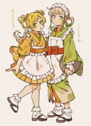 Rule 34 | 2girls, :o, apron, blonde hair, commentary, full body, green eyes, green hair, highres, holding, holding tray, japanese clothes, light brown hair, maid, maid apron, maid headdress, multicolored hair, multiple girls, nanase (nanataroo 7), original, sandals, simple background, standing, symbol-only commentary, tray, twintails, white background