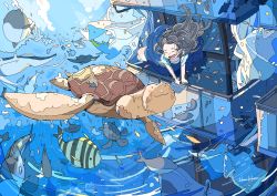 Rule 34 | 1girl, :d, absurdres, artist name, black hair, blue skirt, building, closed eyes, highres, manta ray, nara lalana, open mouth, original, skirt, smile, tropical fish, turtle, water, whale