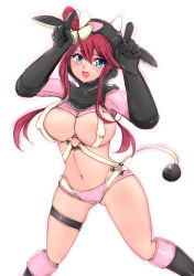 Rule 34 | 1girl, :o, alternate costume, areola slip, black footwear, black gloves, blue eyes, boots, breasts, chemaru (a8l), cosplay, creatures (company), game freak, gen 2 pokemon, gloves, gym leader, hair bun, highres, hood, knee boots, large breasts, legs apart, looking at viewer, miltank, miltank (cosplay), navel, nintendo, o-ring, open mouth, pink shorts, pokemon, pokemon bw, red hair, revealing clothes, shiny skin, short hair with long locks, short shorts, shorts, single side bun, skin tight, skyla (pokemon), solo, thighlet, white background