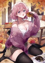 Rule 34 | 1girl, absurdres, alternate costume, apple, bare shoulders, black thighhighs, blush, breasts, brown skirt, buttons, cleavage, commentary request, doughnut, dress, fate/grand order, fate (series), food, fruit, hair between eyes, highres, holding, holding food, leaf, light purple hair, long sleeves, looking at viewer, mash kyrielight, medium breasts, miniskirt, misaki346, no shoes, off shoulder, open mouth, pink sweater, plaid, plaid skirt, pumpkin, purple eyes, short hair, sitting, skirt, sleeveless, sleeveless dress, sleeves past wrists, solo, sweater, thighhighs, tree, wariza, white dress