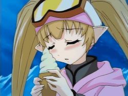 Rule 34 | 1girl, animated, animated gif, blonde hair, food, goggles, ice cream, licking, pachira, pointy ears, renkin san-kyuu magical pokaan, screencap, sexually suggestive, solo, tongue, twintails
