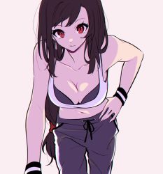 Rule 34 | 1girl, black ribbon, breasts, brown hair, cleavage, collarbone, final fantasy, final fantasy vii, hand on own hip, highres, leaning forward, long hair, low-tied long hair, mao (expuella), medium breasts, midriff, navel, pants, parted lips, purple pants, red eyes, ribbon, simple background, solo, sports bra, sportswear, standing, stomach, tifa lockhart, very long hair, white background, wristband