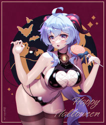 Rule 34 | 1girl, absurdres, ahoge, bare arms, bare shoulders, bell, bent over, bikini, black bikini, blue hair, breasts, brown thighhighs, candy, cleavage, cleavage cutout, clothing cutout, cowboy shot, fishnets, food, ganyu (genshin impact), genshin impact, goat horns, halloween, happy halloween, heart cutout, highres, holding, horns, jingle bell, large breasts, latex, lemonpear, lollipop, long hair, looking at viewer, low ponytail, multi-strapped bikini, navel, open mouth, purple eyes, solo, stomach, swimsuit, swirl lollipop, thighhighs, thighs, very long hair
