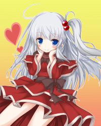Rule 34 | 1girl, ahoge, blue eyes, bow, dress, female focus, gorujitai, hair bobbles, hair ornament, heart, highres, long hair, mystic square, one side up, red dress, ribbon, shinki (touhou), side ponytail, silver hair, smile, solo, touhou, touhou (pc-98)