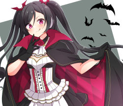 Rule 34 | 1girl, :q, argyle, ascot, bat (animal), bat hair ornament, black gloves, black hair, blush, cape, cloak, enkichi totan, flower, gloves, grey background, hair ornament, highres, holding, holding cape, holding clothes, long hair, looking at viewer, pink eyes, rose, sakusabe chiko, solo, station memories, tongue, tongue out, twintails, two-tone background, upper body, white background