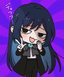 Rule 34 | 1girl, :3, ado (utaite), black bow, black bowtie, black coat, black pants, blue flower, blue hair, blush, bow, bowtie, chando (ado), chibi, cloud nine inc, coat, colored inner hair, commentary request, dark blue hair, flower, flower brooch, gloves, long hair, long sleeves, looking at viewer, mole, mole under eye, multicolored hair, open clothes, open coat, open mouth, pants, purple background, riseno, shade, shirt, sidelocks, smug, solo, translation request, two-tone hair, utaite, very long hair, w, white gloves, white shirt