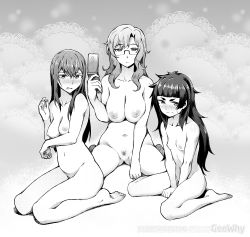 Rule 34 | 3girls, absurdres, artist name, barefoot, blush, breasts squeezed together, breasts, cellphone, closed mouth, completely nude, embarrassed, female pubic hair, fingernails, flip phone, geewhy, glasses, gluteal fold, greyscale, hand up, highres, hiyajou maho, holding, holding phone, jitome, kiryuu moeka, large breasts, light censor, long hair, looking at viewer, makise kurisu, medium breasts, messy hair, moderate pubic hair, monochrome, multiple girls, nipples, nose blush, nude, parted lips, phone, pubic hair, pussy, seiza, semi-rimless eyewear, sitting, small breasts, steins;gate, steins;gate 0, sweat, under-rim eyewear, wariza