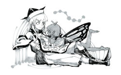 Rule 34 | 2girls, antennae, barefoot, boots, butterfly wings, closed mouth, constellation print, cross-laced footwear, eternity larva, fairy, full body, gretia, greyscale, hat, insect wings, long hair, matara okina, monochrome, multiple girls, short hair, skirt, tabard, touhou, white background, wide sleeves, wings
