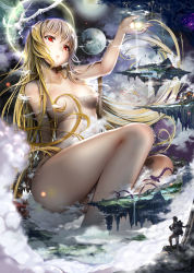 Rule 34 | 1boy, 1girl, arm at side, arm support, backpack, bag, bare arms, bare legs, bare shoulders, blonde hair, boots, breasts, brown footwear, brown pants, cloud, collarbone, commentary request, creature, dragon, feathered wings, floating, floating island, full body, full moon, giant, giantess, hair between eyes, hand up, highres, horse, huge giantess, knee boots, landscape, long hair, mikazuki akira!, moon, mountain, nude, open mouth, original, pants, parted lips, pegasus, scenery, sitting, sky, small breasts, star (sky), starry sky, very long hair, vortex, water, waterfall, wings