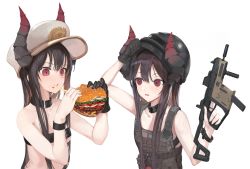 Rule 34 | 1girl, arm up, bangosu, bare arms, bare shoulders, beef, belt bra, black gloves, black hair, breasts, brown hair, buckle, burger, cheese, cheese trail, collar, collarbone, commentary request, curled horns, demon horns, eating, fingernails, food, food on face, gloves, gun, hair between eyes, hat, highres, holding, holding food, holding gun, holding weapon, horns, long hair, looking away, mask, mask on head, military hat, multiple girls, multiple views, onion, open mouth, playerunknown&#039;s battlegrounds, red eyes, round teeth, salad, sidelocks, simple background, single glove, small breasts, sweatband, teeth, tomato, trigger discipline, underboob, upper body, upper teeth only, v-shaped eyebrows, very long hair, vgaming, virtual youtuber, weapon, weapon request, white background, white headwear, yoruno yui