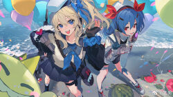Rule 34 | 2girls, bag, balloon, beret, bike shorts, black footwear, black gloves, black skirt, blonde hair, blue bow, blue eyes, blue gloves, blue hair, boots, bow, chinese commentary, colphne (girls&#039; frontline 2), commentary request, fingerless gloves, food, fruit, full body, fur-trimmed jacket, fur trim, girls&#039; frontline, girls&#039; frontline 2: exilium, gloves, gun, hair bow, hair ornament, hairpin, hand on own hip, hand on own leg, hand up, hat, heart balloon, highres, jacket, kurohush, latex, latex gloves, looking at viewer, multiple girls, one side up, open clothes, open jacket, open mouth, pleated skirt, red eyes, shotgun, skirt, smile, socks, teeth, twintails, v, vepley (girls&#039; frontline 2), vepr-12, water, watermelon, weapon, white footwear, white socks