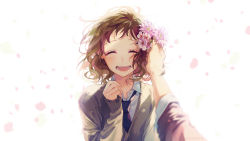 Rule 34 | 1boy, 1girl, :d, ^ ^, blurry, blurry foreground, blush, brown hair, closed eyes, collared shirt, depth of field, derivative work, facing viewer, flat chest, flower, forehead, grey jacket, grey sweater, hair flower, hair ornament, happy, highres, jacket, kokuhaku jikkou iinkai, long sleeves, necktie, off shoulder, open clothes, open jacket, open mouth, pink flower, pov, red neckwear, round teeth, shirt, short hair, simple background, smile, solo focus, sweater, teeth, upper body, white background, white shirt, wing collar, yamako (state of children)