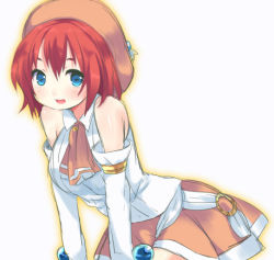 Rule 34 | 00s, 1girl, bare shoulders, blue eyes, detached sleeves, hat, lowres, open mouth, red hair, seles wilder, short hair, smile, solo, tales of (series), tales of symphonia