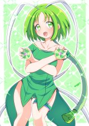 Rule 34 | 1girl, :d, absurdres, border, commentary, crossed wrists, dress, green background, green eyes, green hair, green leotard, heart, highres, holding, leotard, long hair, looking at viewer, magical girl, mew lettuce, midorikawa lettuce, namatyoco, off-shoulder dress, off shoulder, open mouth, outside border, short dress, short hair, smile, solo, sparkle, standing, thigh strap, tokyo mew mew, twitter username, white border