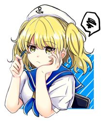 Rule 34 | 1girl, anchor symbol, blonde hair, blue neckerchief, blue sailor collar, border, breasts, chair, closed mouth, commentary request, hand in own hair, hat, holding, holding pen, kitashirakawa chiyuri, kuronon, medium hair, neckerchief, pen, puffy short sleeves, puffy sleeves, sailor collar, sailor hat, sailor shirt, shirt, short sleeves, small breasts, solo, spoken squiggle, squiggle, touhou, touhou (pc-98), two side up, upper body, white border, white hat, white shirt, yellow eyes