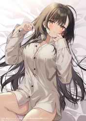 Rule 34 | 1girl, ahoge, arms up, bed sheet, blush, breasts, brown eyes, brown hair, brown shirt, character request, cleavage, collarbone, collared shirt, copyright name, copyright request, dress shirt, hair between eyes, highres, kuroki (ma-na-tu), large breasts, long hair, long sleeves, looking at viewer, lying, naked shirt, official art, on back, on bed, parted lips, partially unbuttoned, shirt, sleeves past wrists, solo, thighs, very long hair, watermark