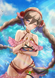 Rule 34 | 1girl, absurdres, arm under breasts, bikini, braid, breasts, cleavage, cowboy shot, day, flower, grin, hair flower, hair ornament, hairband, heart, heart-shaped pupils, highres, large breasts, ludmila (rune factory), mkhc01, navel, one eye closed, outdoors, red bikini, rune factory, rune factory 5, smile, solo, swimsuit, symbol-shaped pupils, twin braids, water
