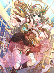Rule 34 | 1girl, :d, blush, breasts, brooch, brown hair, chaki-yam, corset, detached sleeves, dress, fishnet thighhighs, fishnets, gem, green eyes, green gemstone, gun, headgear, jewelry, looking at viewer, musket, open mouth, original, outstretched hand, see-through, skirt, smile, steampunk, thigh strap, thighhighs, twintails, weapon, wings